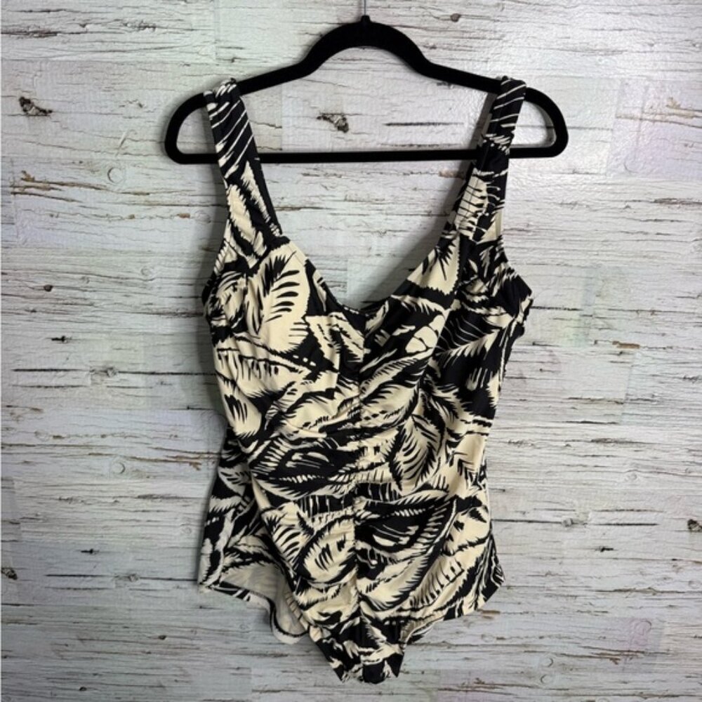 Maxine Of Hollywood cream black floral Ruched One Piece Swimsuit, 22W